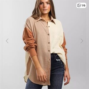 AGGAI Women's Button Down Shirt - Brown and Cream